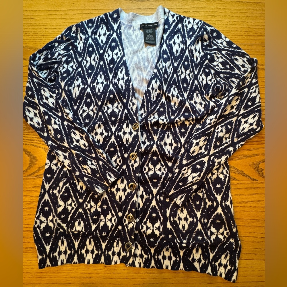 Grace Elements‎ Women's L Boyfriend Cardigan Navy White Toggle Buttons Sweater